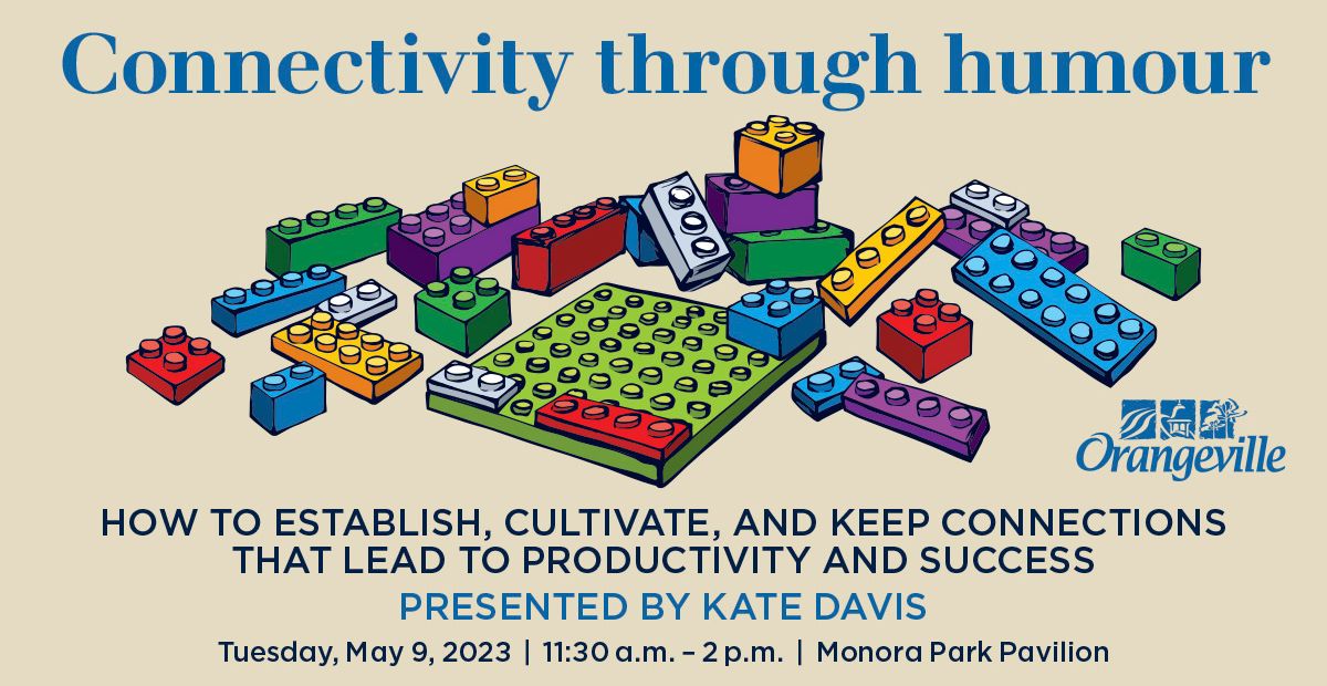 A graphic with a cream background and colourful pieces of illustrated LEGO. The copy advertises the Kate Davis event information